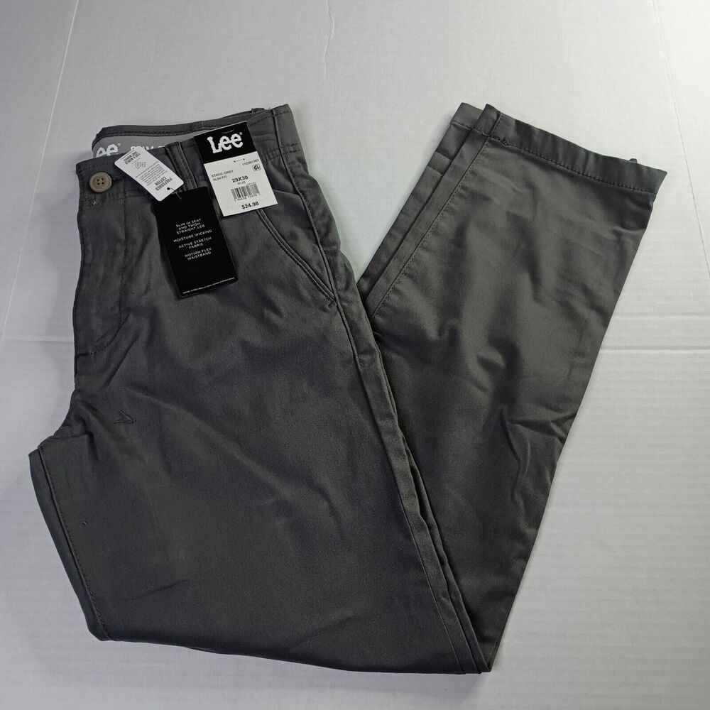 Lee Flat Front Chino with Motion Flex Waistband Pants‎ Men's 29x30 Gray Slim Fit